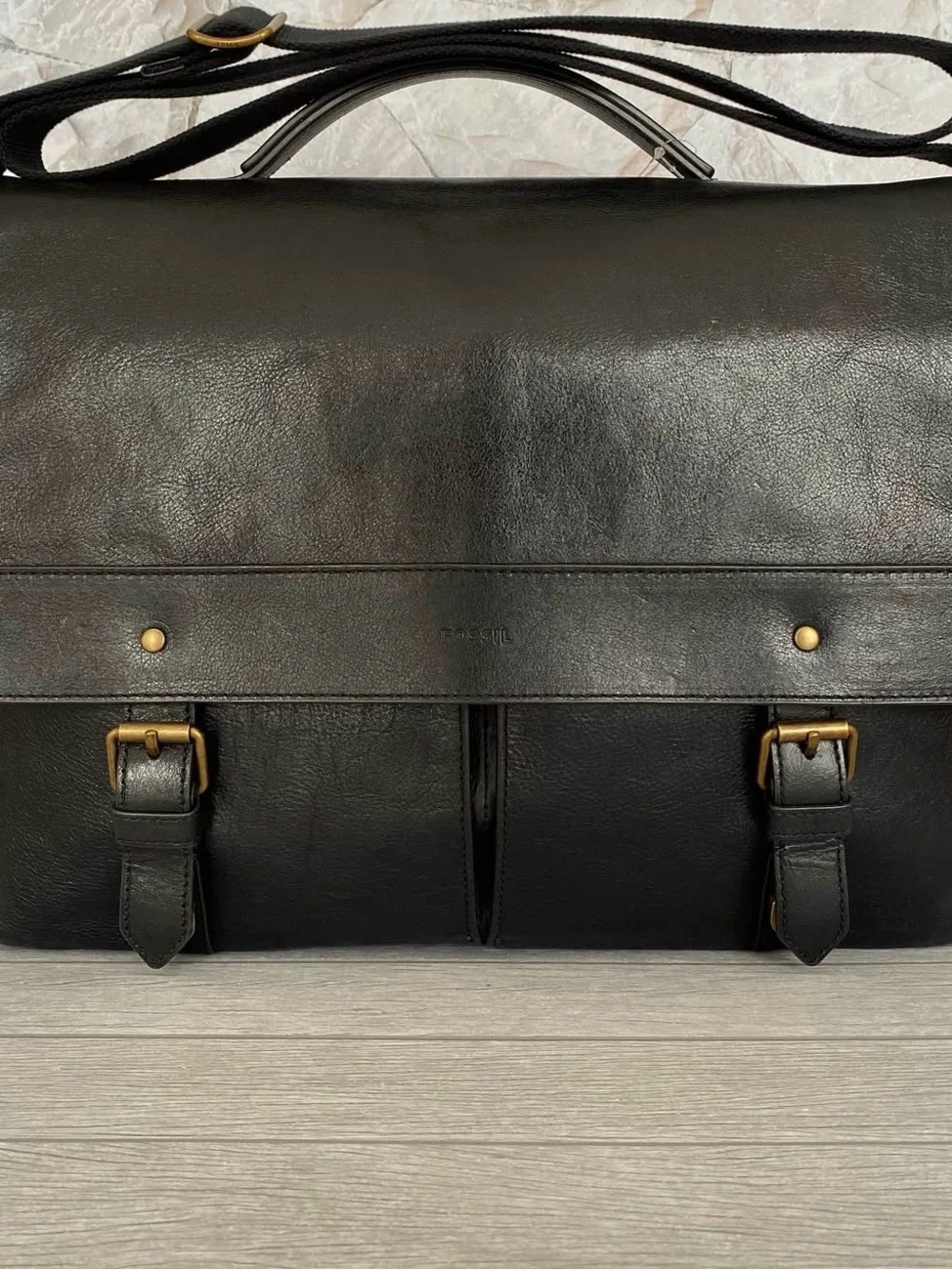 Fossil Black Leather Double-Buckle Messenger Bag